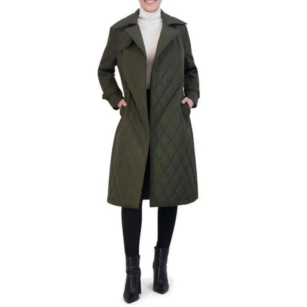 Rebecca Minkoff Diamond Quilted Trench Coat Olive Green Belted Full Length NWT M